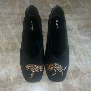 Vivaia Margot Embroidered Square Toe V-Cut Stretch Knit Cheetah Loafers 41.5EU